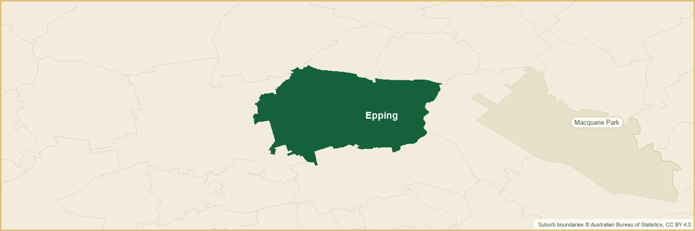 Map of the Epping plumbing service area, covering Macquarie Park and Rydalmere